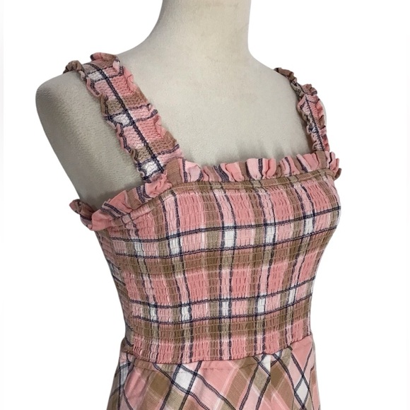 Sundays Beau Smocked Crystal Plaid Ruffle Hem Maxi Dress Cotton Linen Sz Large - Picture 9 of 10